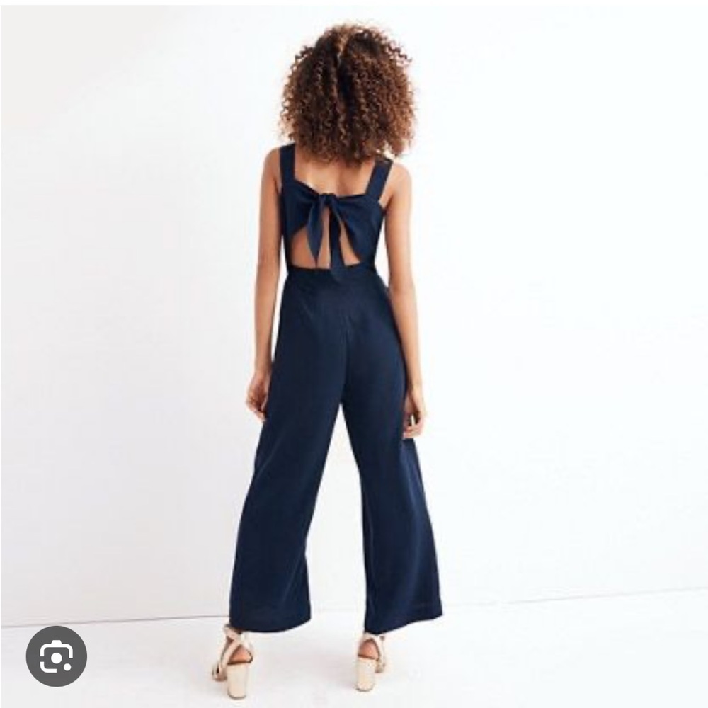 Madewell apron bow-back jumpsuit. Navy blue.